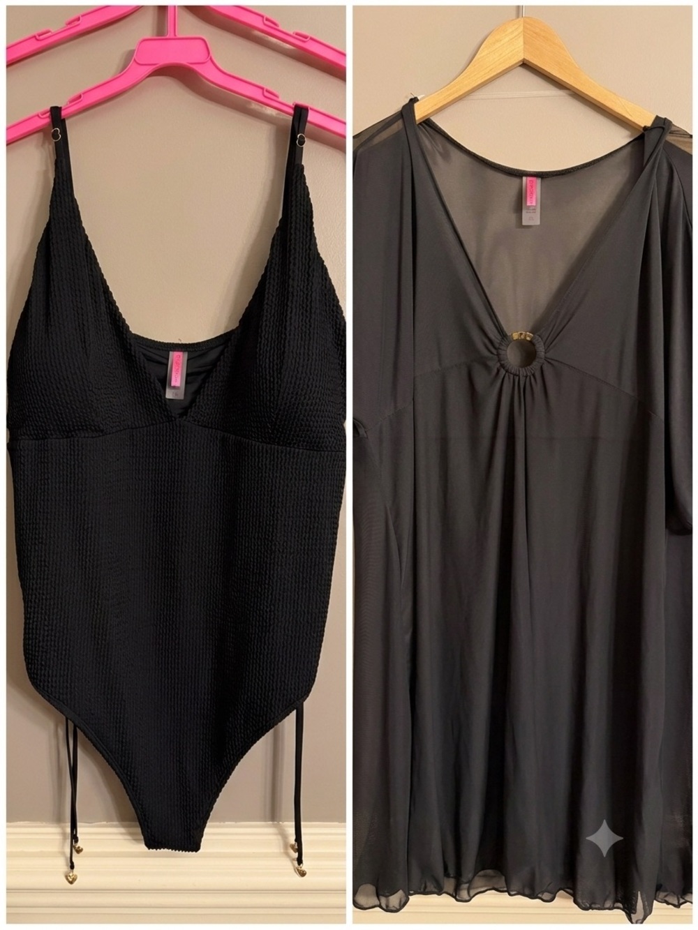 Betsey Johnson 3X Black Smocked One-Piece Swimsuit & Mesh Cover-Up Set NWOT